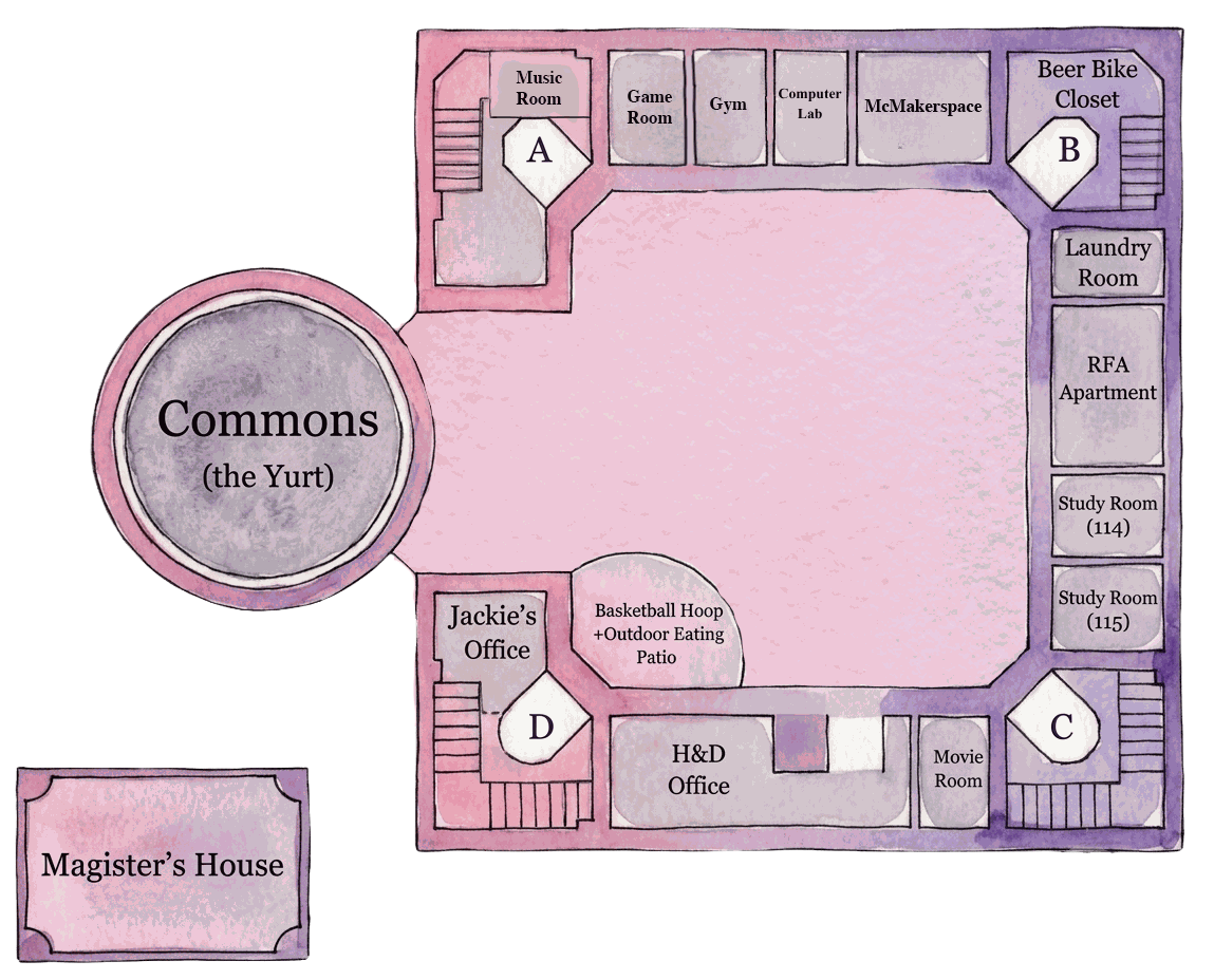 Map of McMurtry College, showing stairwells A, B, C, and D, the Commons (the Yurt), and Magister's House