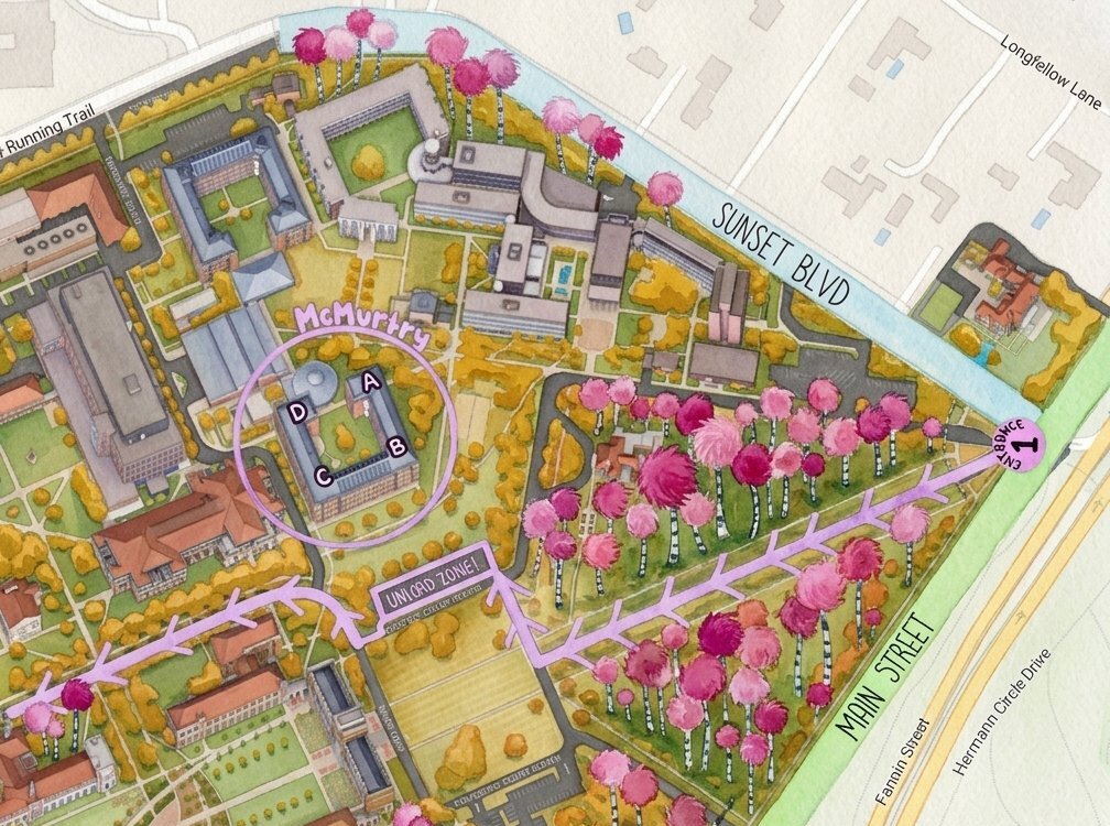 Move-in day arrival route map, showing the path from Entrance 1 to McMurtry College